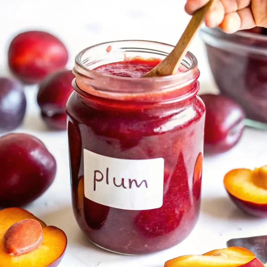 Homemade plum jam in glass jar with wooden spoon surrounded by fresh red plums on white background
