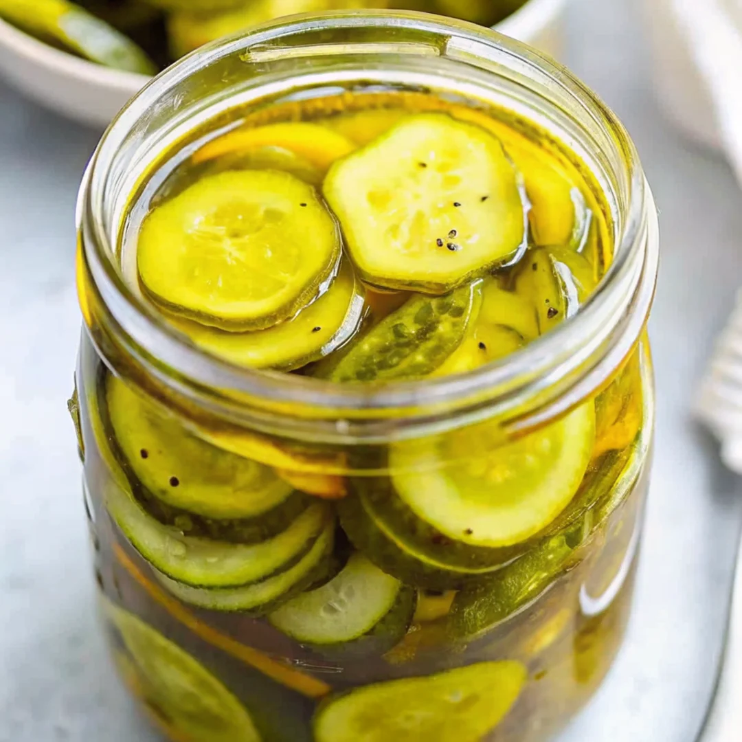 Jar of homemade refrigerator Bread and Butter Pickles with sliced cucumbers in a sweet and tangy brine.