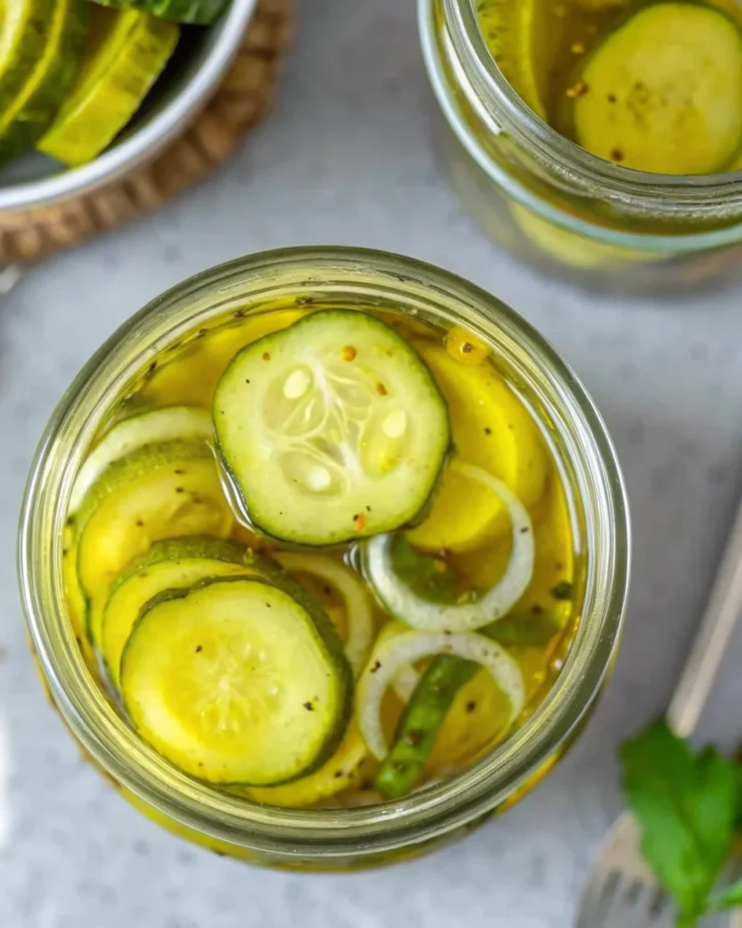 Jar of homemade refrigerator Bread and Butter Pickles with sliced cucumbers in a sweet and tangy brine.
