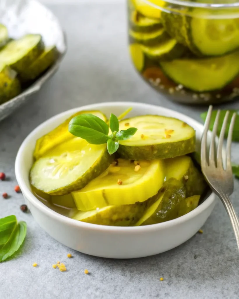Jar of homemade refrigerator Bread and Butter Pickles with sliced cucumbers in a sweet and tangy brine.