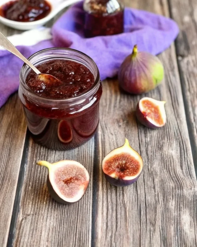 Homemade fig jam recipe in glass jar showing chunky texture with fig seeds and pieces on wooden surface
