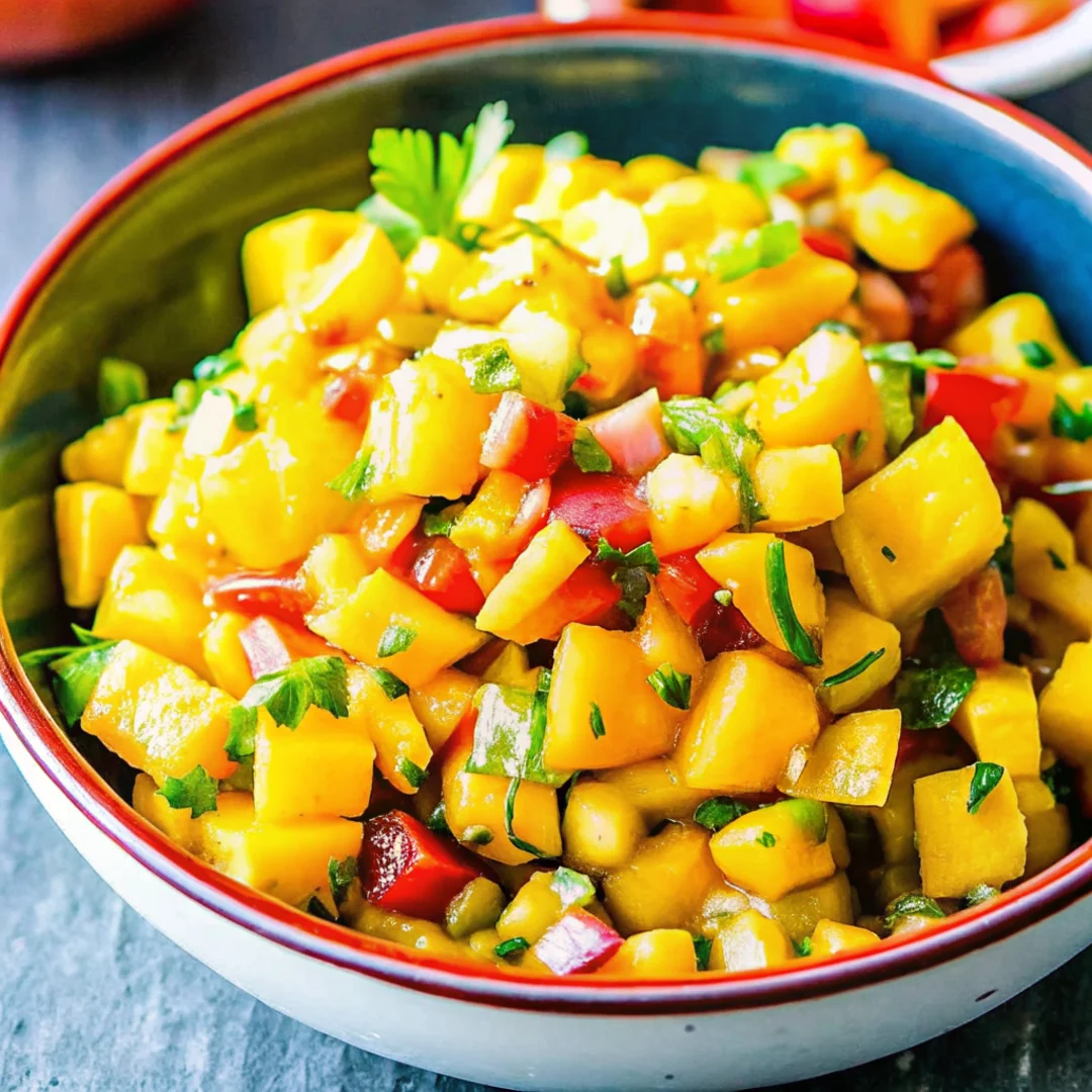 Fresh peach salsa in a bowl with diced peaches, red onions, tomatoes, cilantro, and jalapeños.