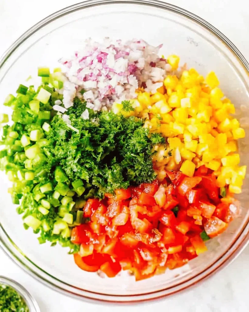 Fresh peach salsa in a bowl with diced peaches, red onions, tomatoes, cilantro, and jalapeños.