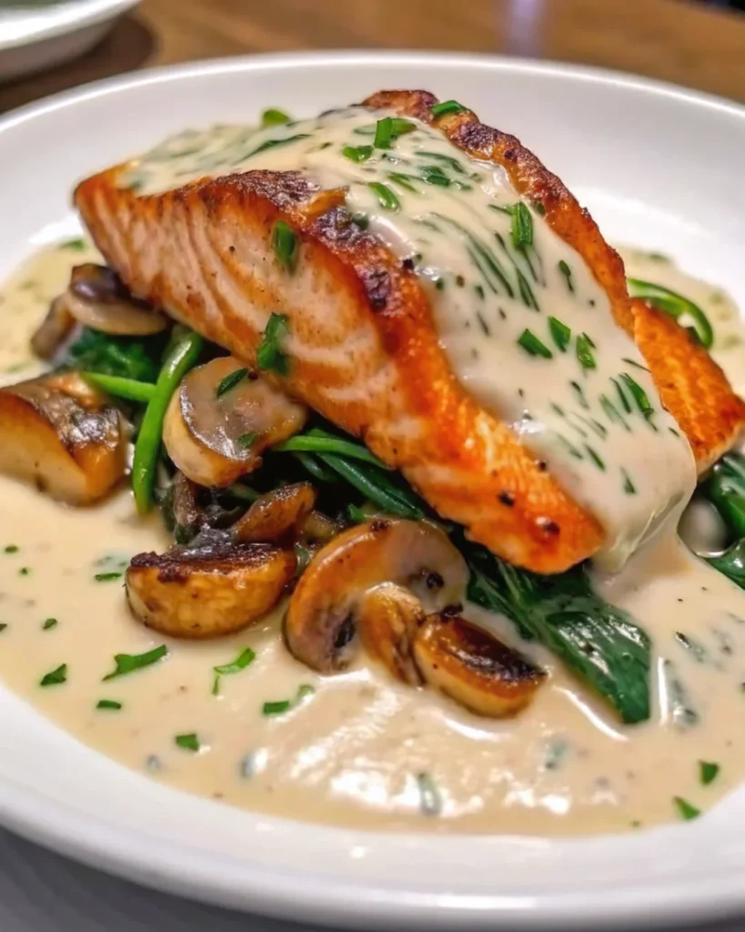 Seared salmon fillet with creamy garlic butter sauce, served over sautéed spinach and mushrooms on a white plate—delicious fish dinner.