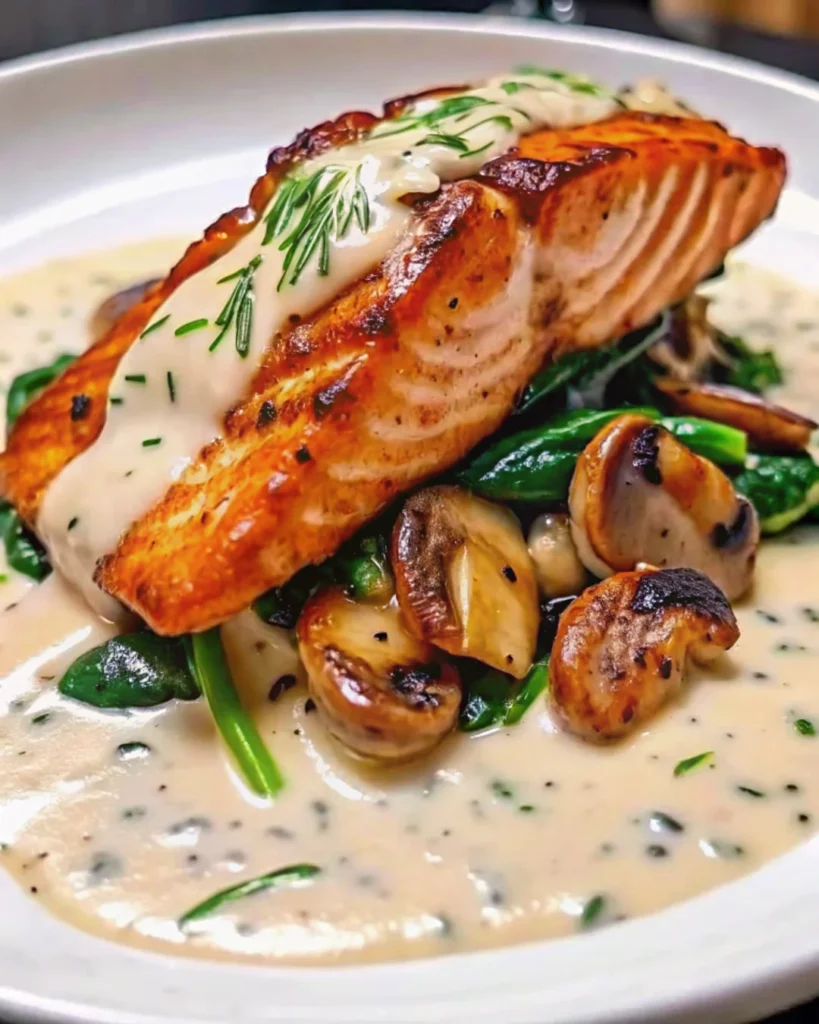 Seared salmon fillet with creamy garlic butter sauce, served over sautéed spinach and mushrooms on a white plate—delicious fish dinner.