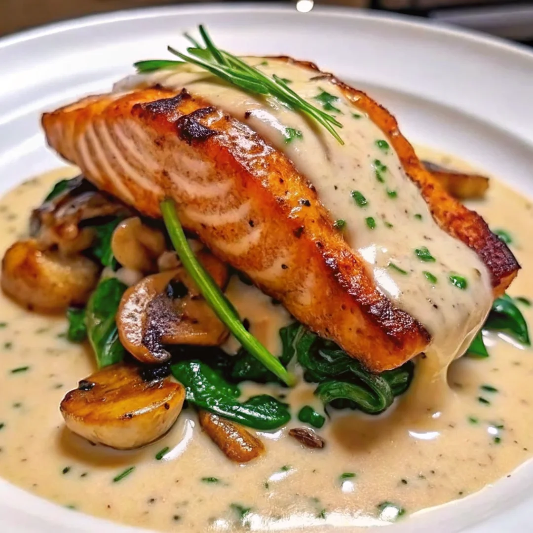 Seared salmon fillet with creamy garlic butter sauce, served over sautéed spinach and mushrooms on a white plate—delicious fish dinner.