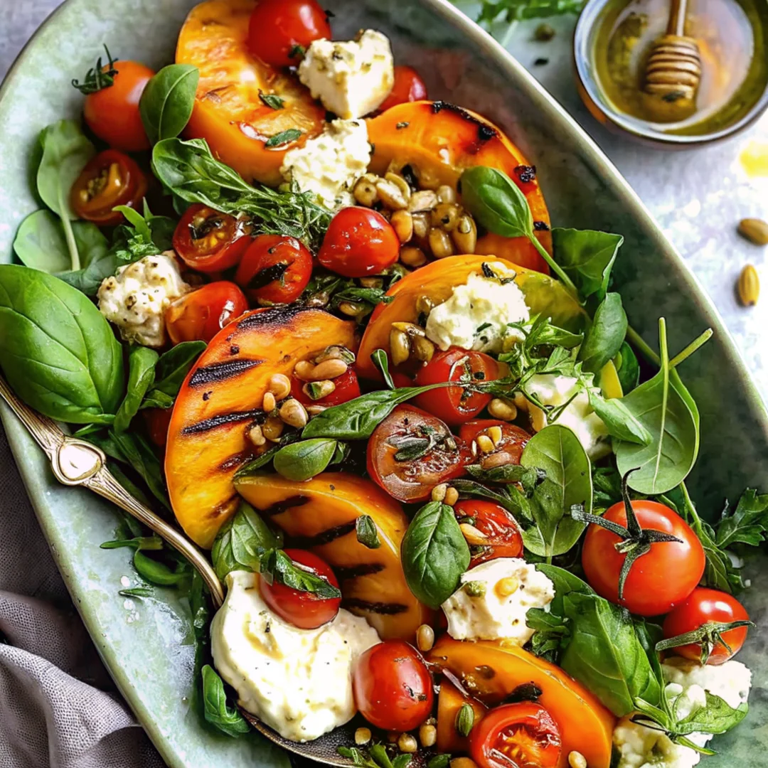Grilled peach burrata salad with cherry tomatoes, fresh basil, arugula, pine nuts, and a drizzle of honey, beautifully arranged on a green platter.