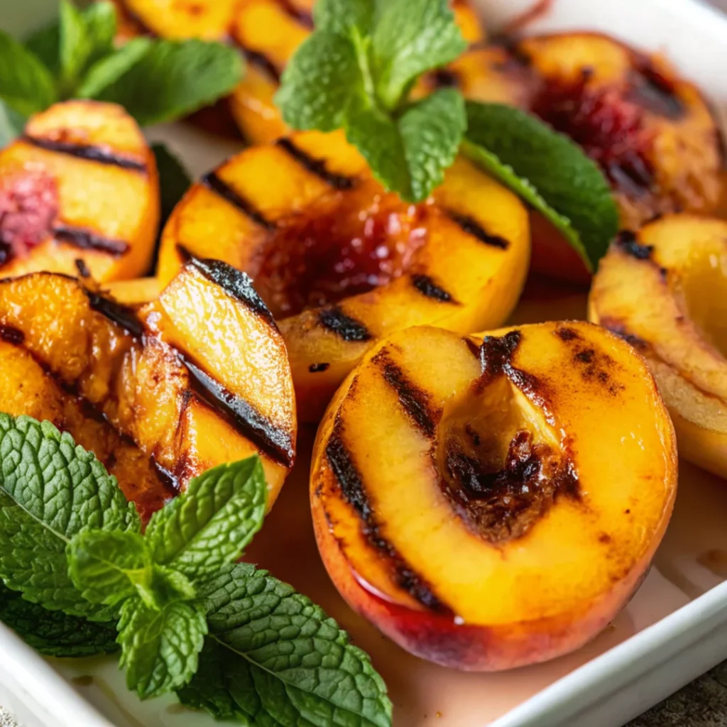 Grilled peaches with cinnamon, garnished with fresh mint leaves, displaying caramelized grill marks and vibrant colors.