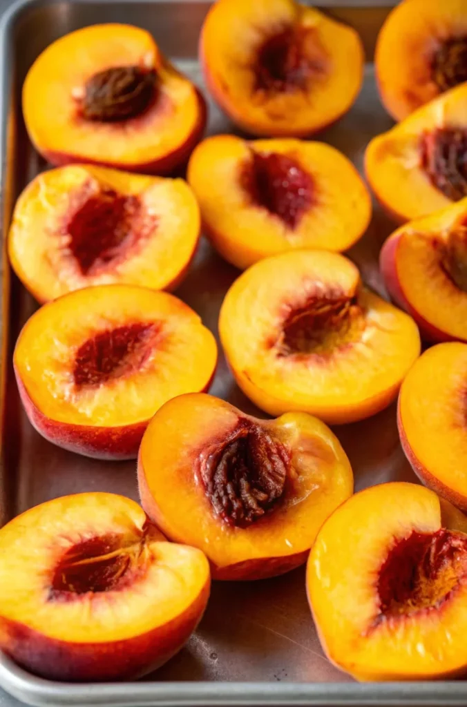 Grilled peaches with cinnamon, garnished with fresh mint leaves, displaying caramelized grill marks and vibrant colors.