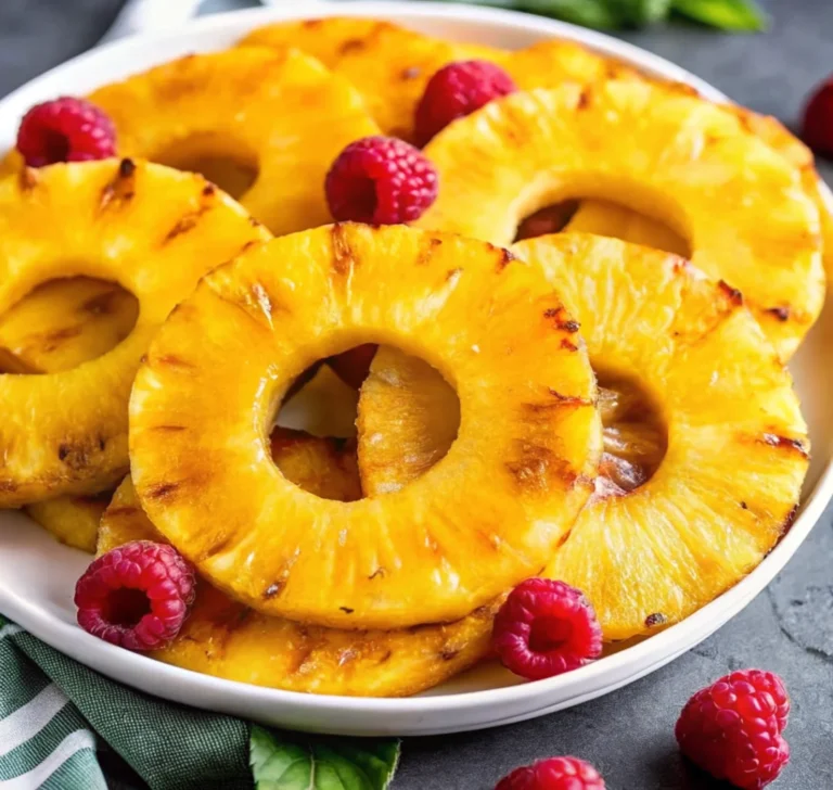 Grilled pineapple rings served on a white plate with fresh raspberries, showcasing caramelized edges and juicy tropical texture.
