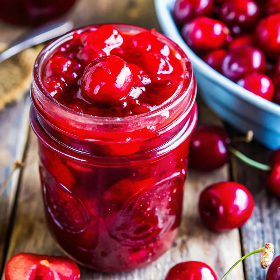 A glass jar filled with vibrant homemade cherry pie filling, made with fresh cherries, sitting on a rustic wooden table with whole cherries and a bowl of cherries in the background. Perfect for fresh cherry recipes and summer desserts.