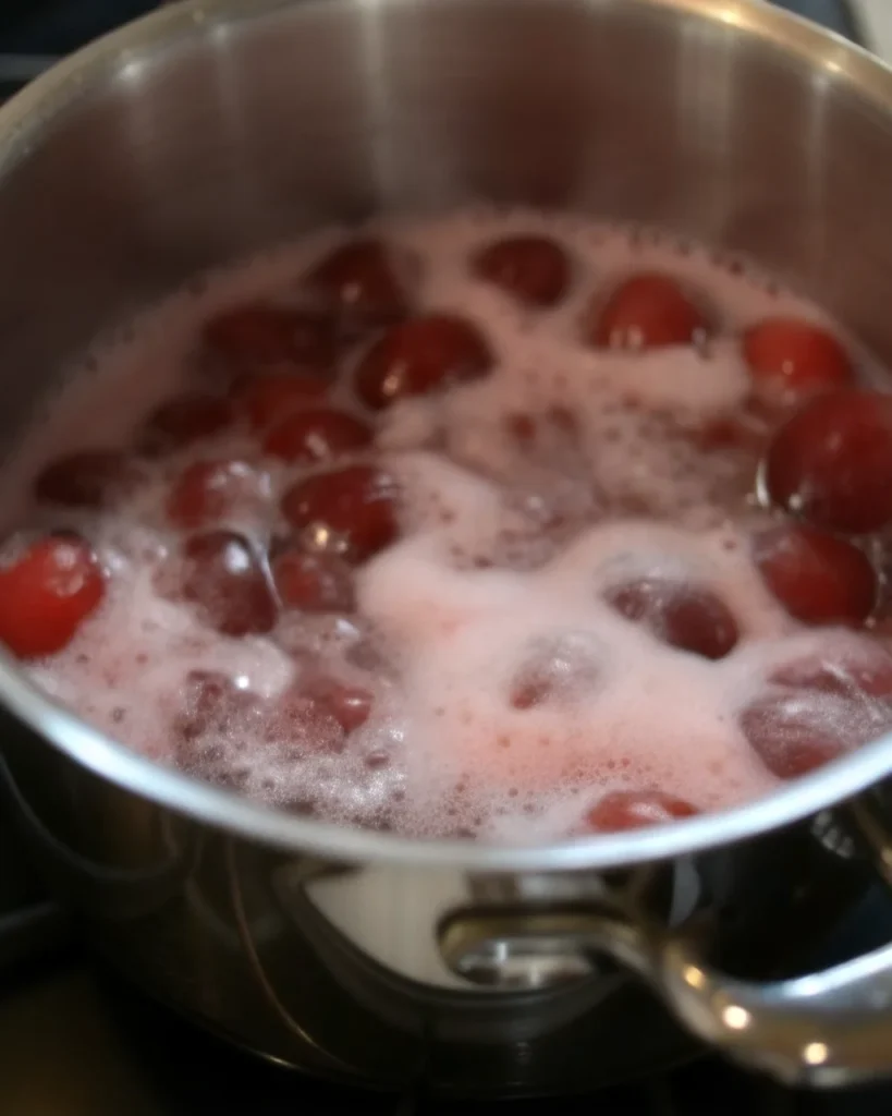 A glass jar filled with vibrant homemade cherry pie filling, made with fresh cherries, sitting on a rustic wooden table with whole cherries and a bowl of cherries in the background. Perfect for fresh cherry recipes and summer desserts.