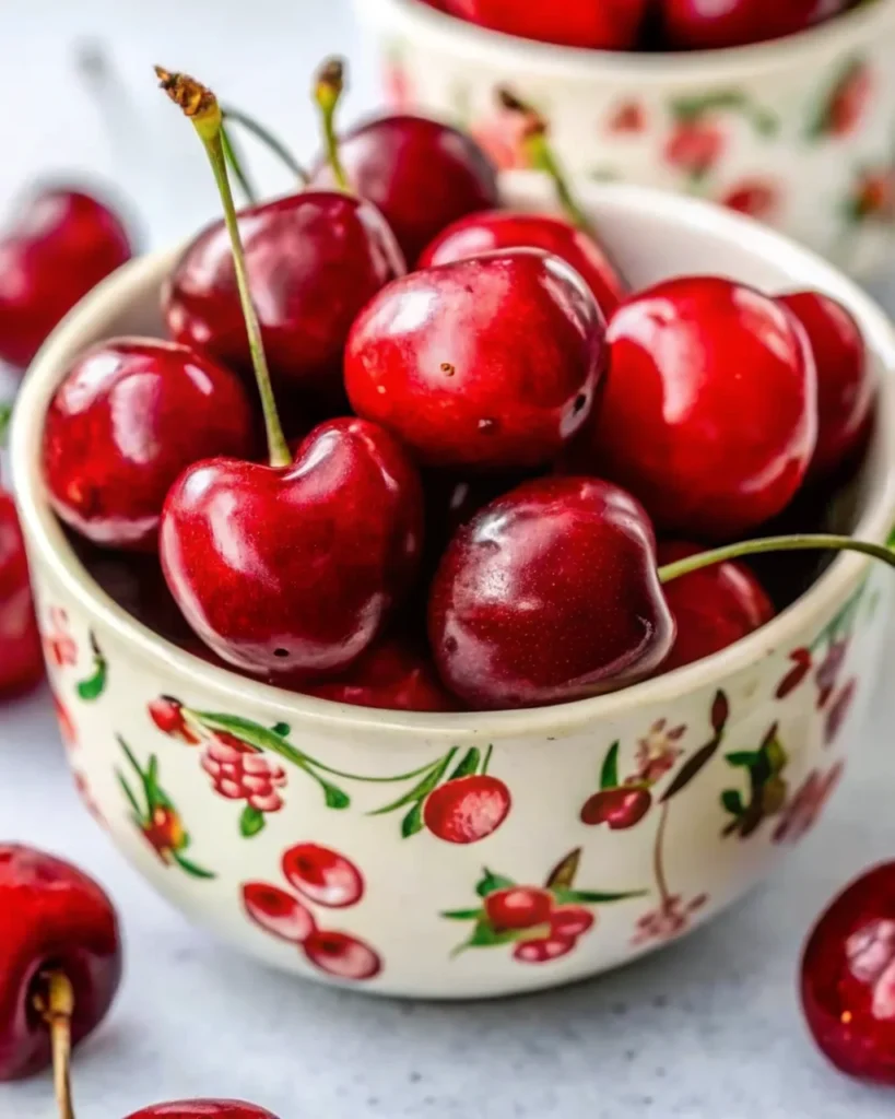 A glass jar filled with vibrant homemade cherry pie filling, made with fresh cherries, sitting on a rustic wooden table with whole cherries and a bowl of cherries in the background. Perfect for fresh cherry recipes and summer desserts.