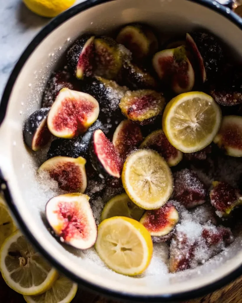 Homemade fig preserves without pectin simmering gently to thicken naturally in heavy pot