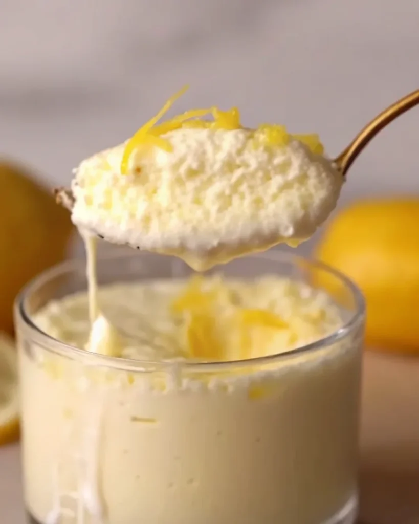 Creamy homemade lemon mousse served in a glass, topped with lemon zest and a lemon slice.