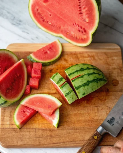 Freshly cut watermelon slices and sticks arranged on a wooden cutting board, with a sharp knife and a plate of watermelon in the background.