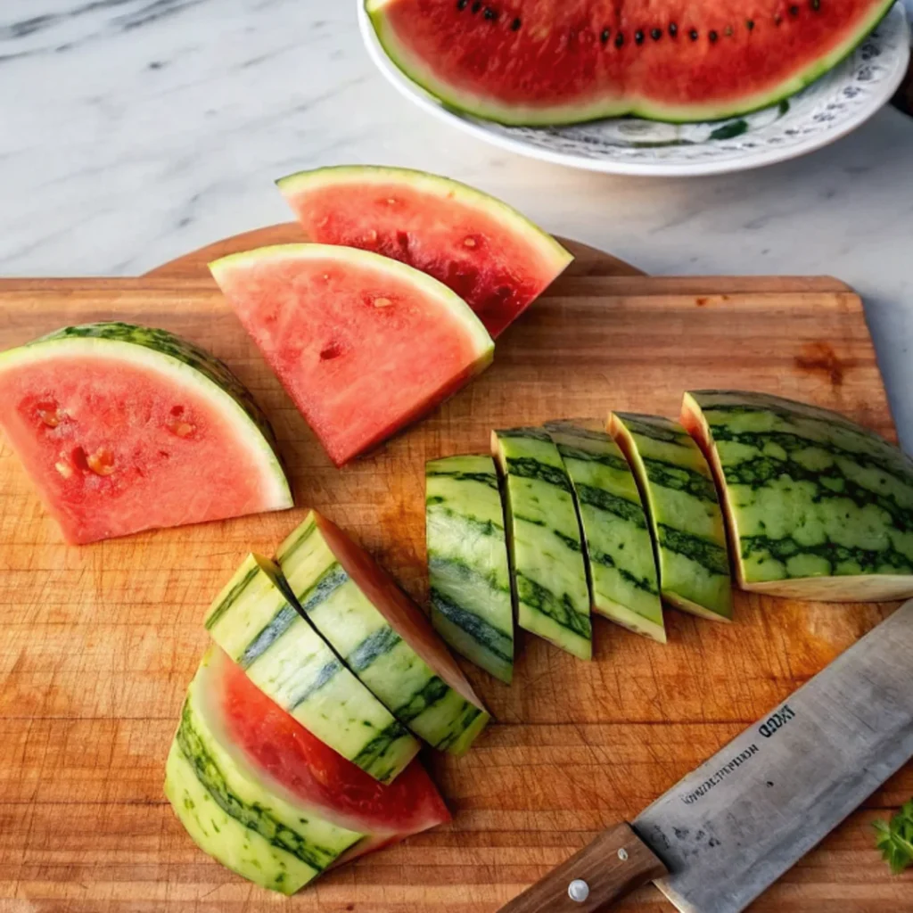 Freshly cut watermelon slices and sticks arranged on a wooden cutting board, with a sharp knife and a plate of watermelon in the background.