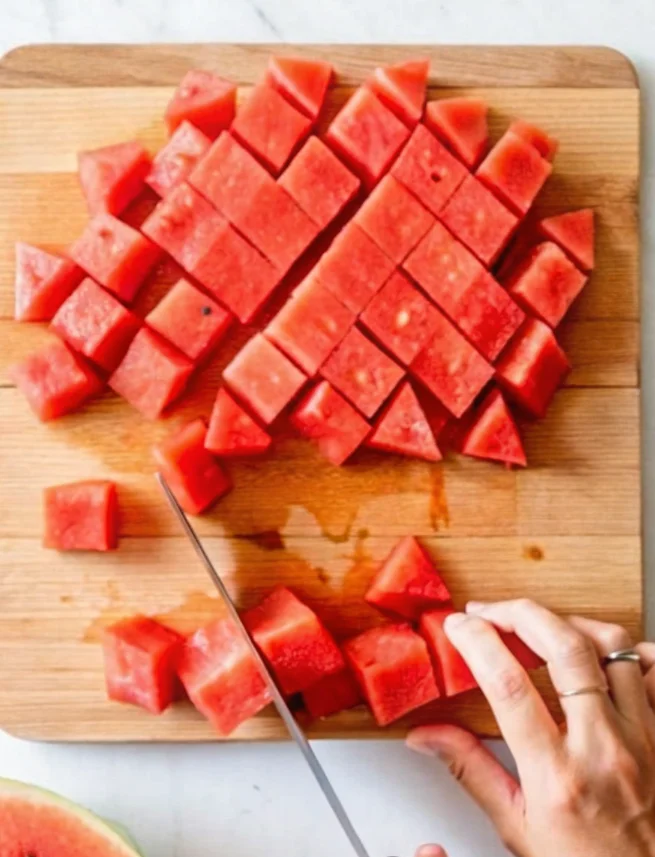 Freshly cut watermelon slices and sticks arranged on a wooden cutting board, with a sharp knife and a plate of watermelon in the background.