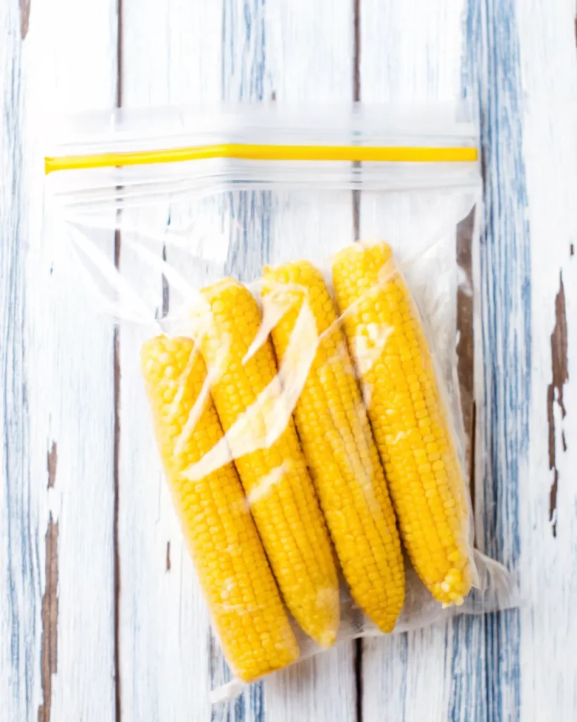 Freezer bags filled with corn on the cob and loose corn kernels, labeled for storage, showing how to freeze corn on the cob for long-term freshness