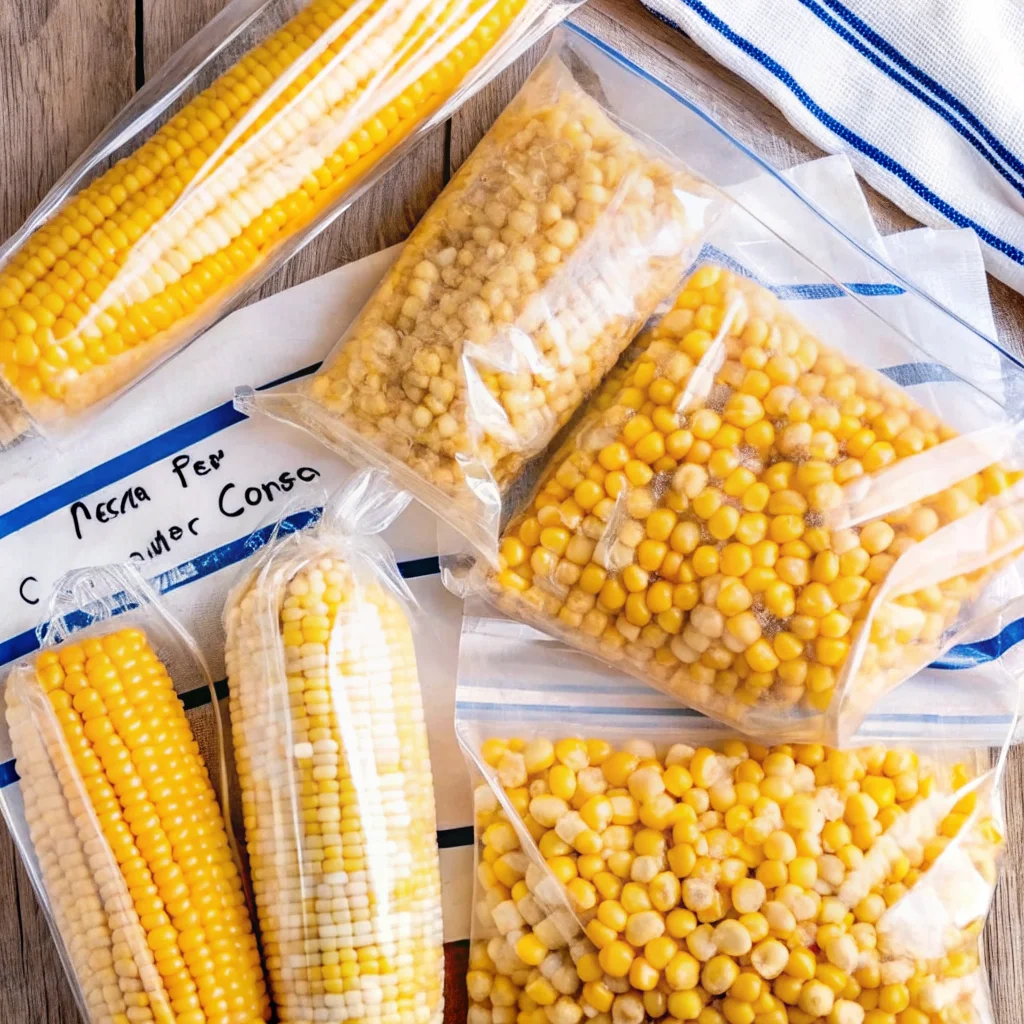 Freezer bags filled with corn on the cob and loose corn kernels, labeled for storage, showing how to freeze corn on the cob for long-term freshness