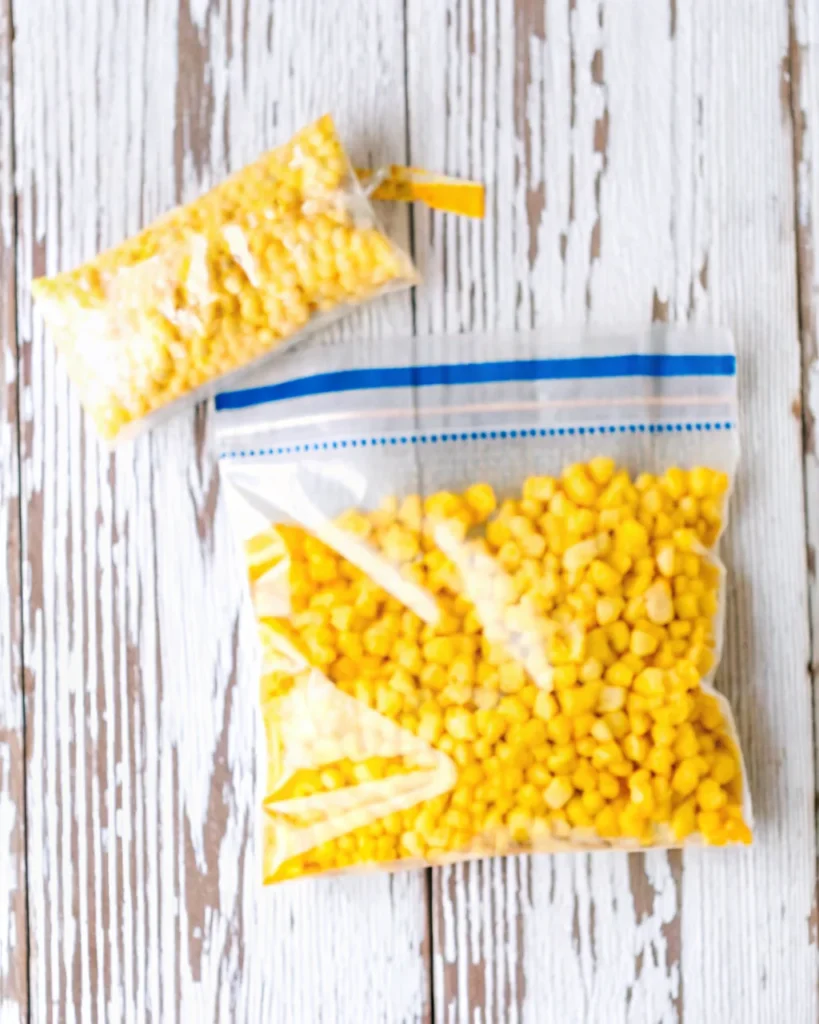 Freezer bags filled with corn on the cob and loose corn kernels, labeled for storage, showing how to freeze corn on the cob for long-term freshness