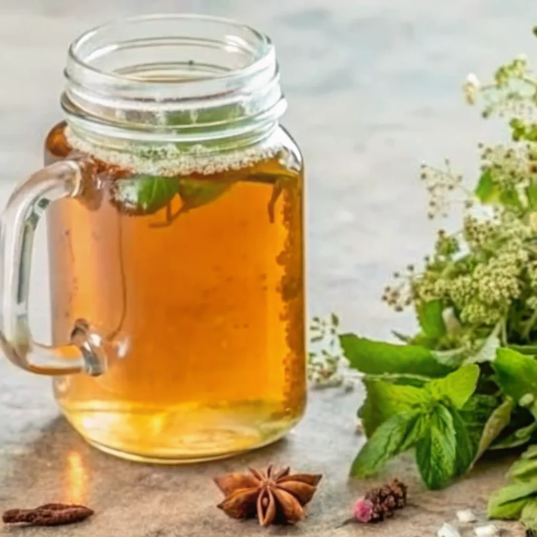 Glass mason jar of lemon balm drink for weight loss with fresh herbs and star anise on a stone background