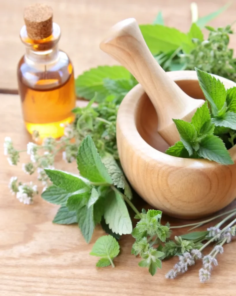 Glass mason jar of lemon balm drink for weight loss with fresh herbs and star anise on a stone background
