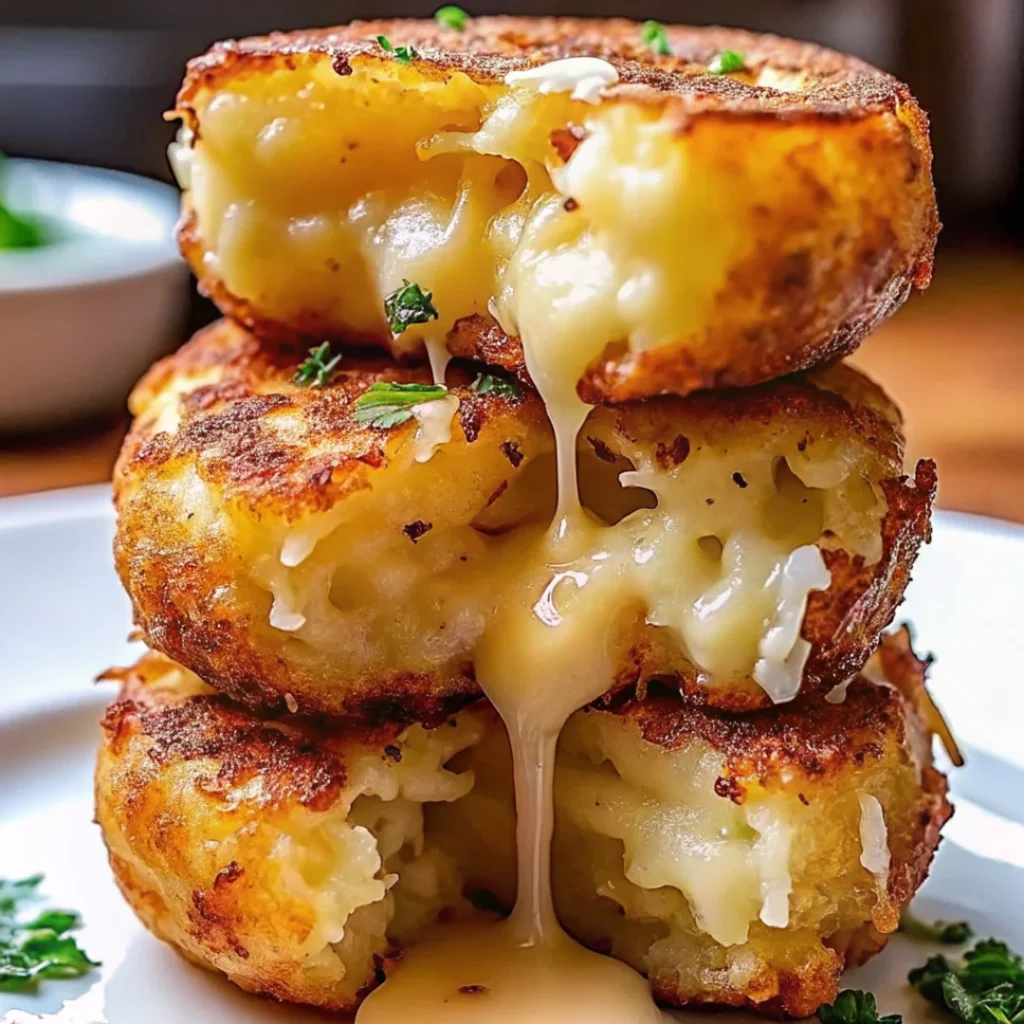 Golden brown mashed potato cheese puffs stacked on a plate, with gooey melted cheese oozing out, garnished with fresh herbs—perfect for creative recipe ideas and comfort food lovers.