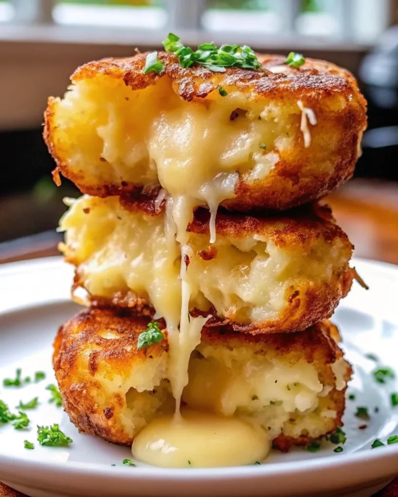 Golden brown mashed potato cheese puffs stacked on a plate, with gooey melted cheese oozing out, garnished with fresh herbs—perfect for creative recipe ideas and comfort food lovers.