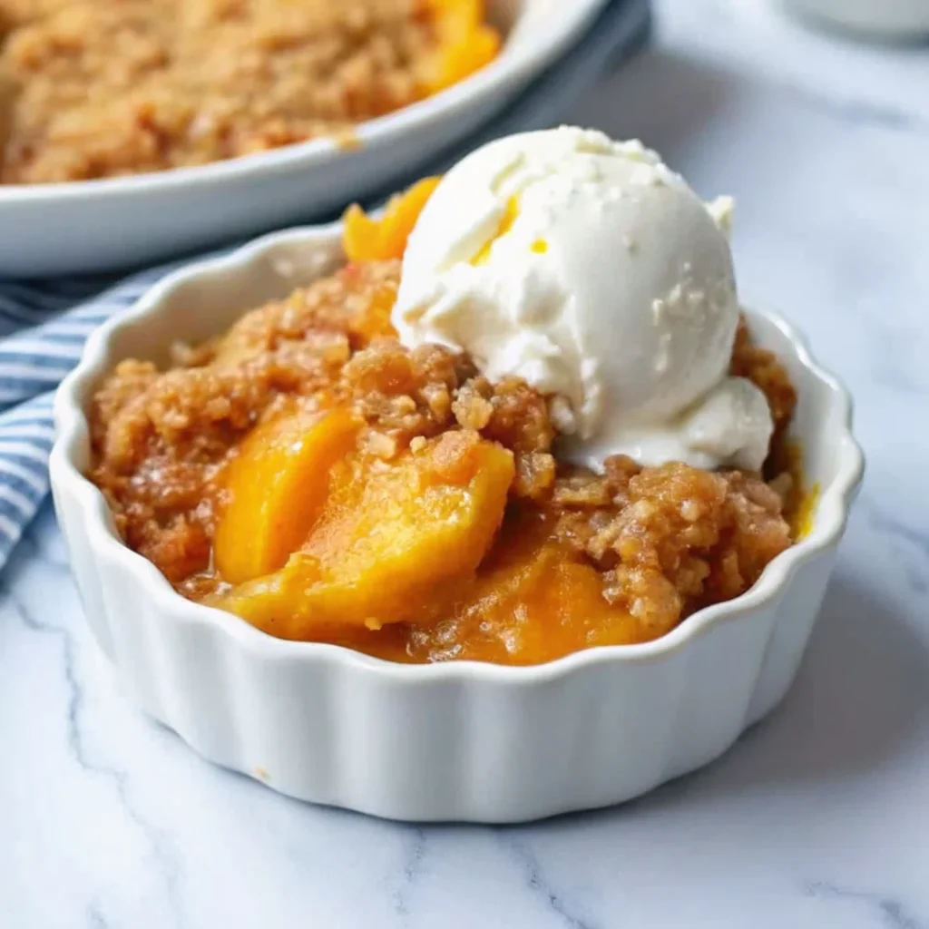 Nectarine brown sugar crisp dessert topped with vanilla ice cream in a white ramekin, perfect for nectarine recipes and summer treats