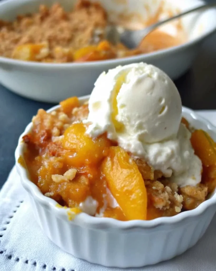 Nectarine brown sugar crisp dessert topped with vanilla ice cream in a white ramekin, perfect for nectarine recipes and summer treats