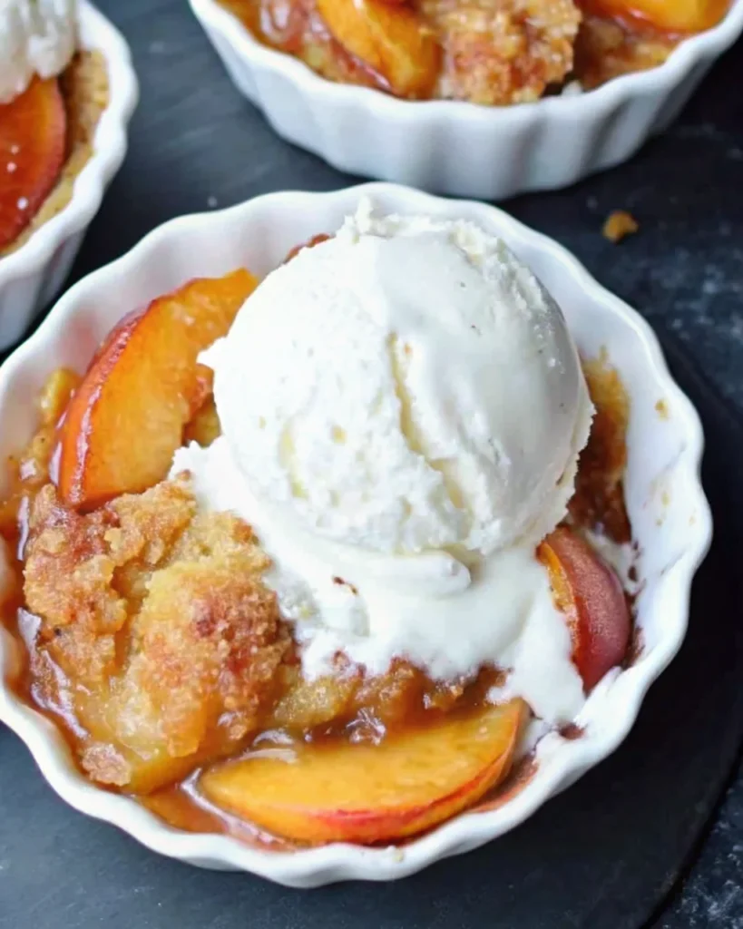 Nectarine brown sugar crisp dessert topped with vanilla ice cream in a white ramekin, perfect for nectarine recipes and summer treats