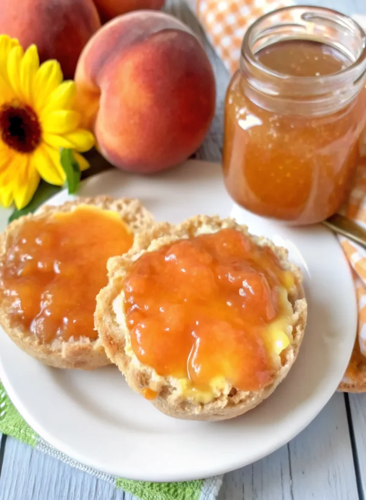 Homemade peach preserves recipe in a glass jar with a spoon, surrounded by fresh peaches.