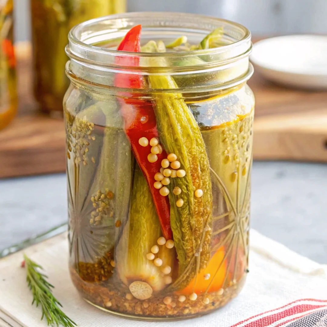 A glass jar filled with refrigerator pickled okra, red chili peppers, mustard seeds, and garlic cloves, showcasing a vibrant and crunchy homemade pickled okra recipe.