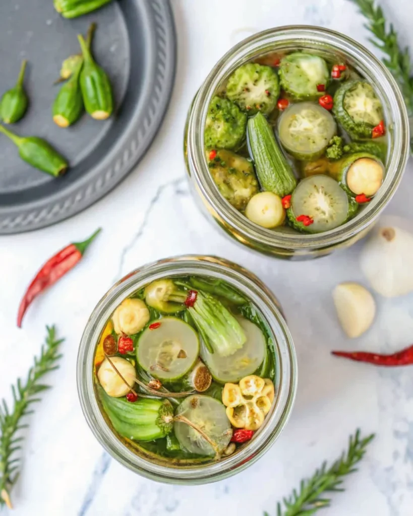 A glass jar filled with refrigerator pickled okra, red chili peppers, mustard seeds, and garlic cloves, showcasing a vibrant and crunchy homemade pickled okra recipe.