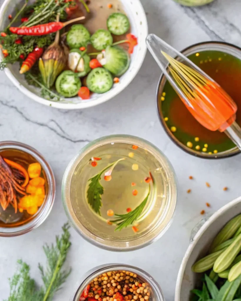 A glass jar filled with refrigerator pickled okra, red chili peppers, mustard seeds, and garlic cloves, showcasing a vibrant and crunchy homemade pickled okra recipe.