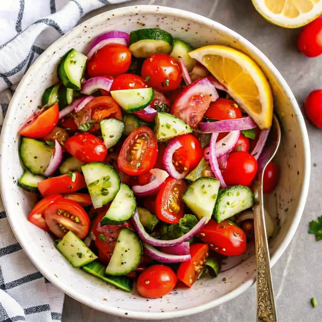 Bowl of cucumber tomato salad with cherry tomatoes, red onions, cucumber slices, and a lemon wedge.