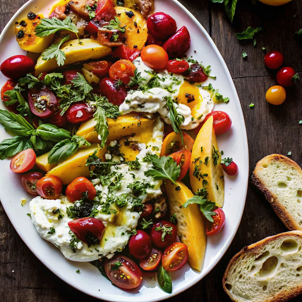 Fresh peach burrata salad on a white platter with ripe peaches, creamy burrata cheese, cherry tomatoes, basil, and toasted bread, garnished with herbs and olive oil