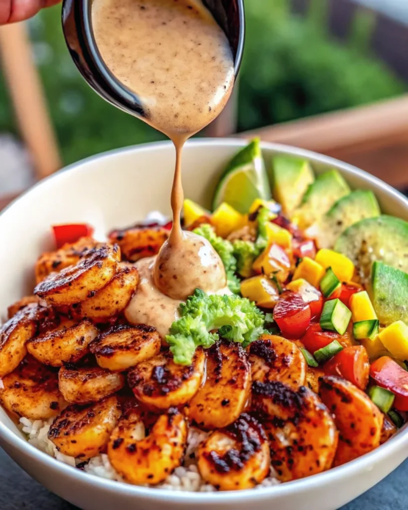A vibrant shrimp bowl featuring grilled shrimp, sliced avocado, mango salsa, fresh vegetables, and rice, topped with a creamy lime-chili sauce being drizzled over the bowl.