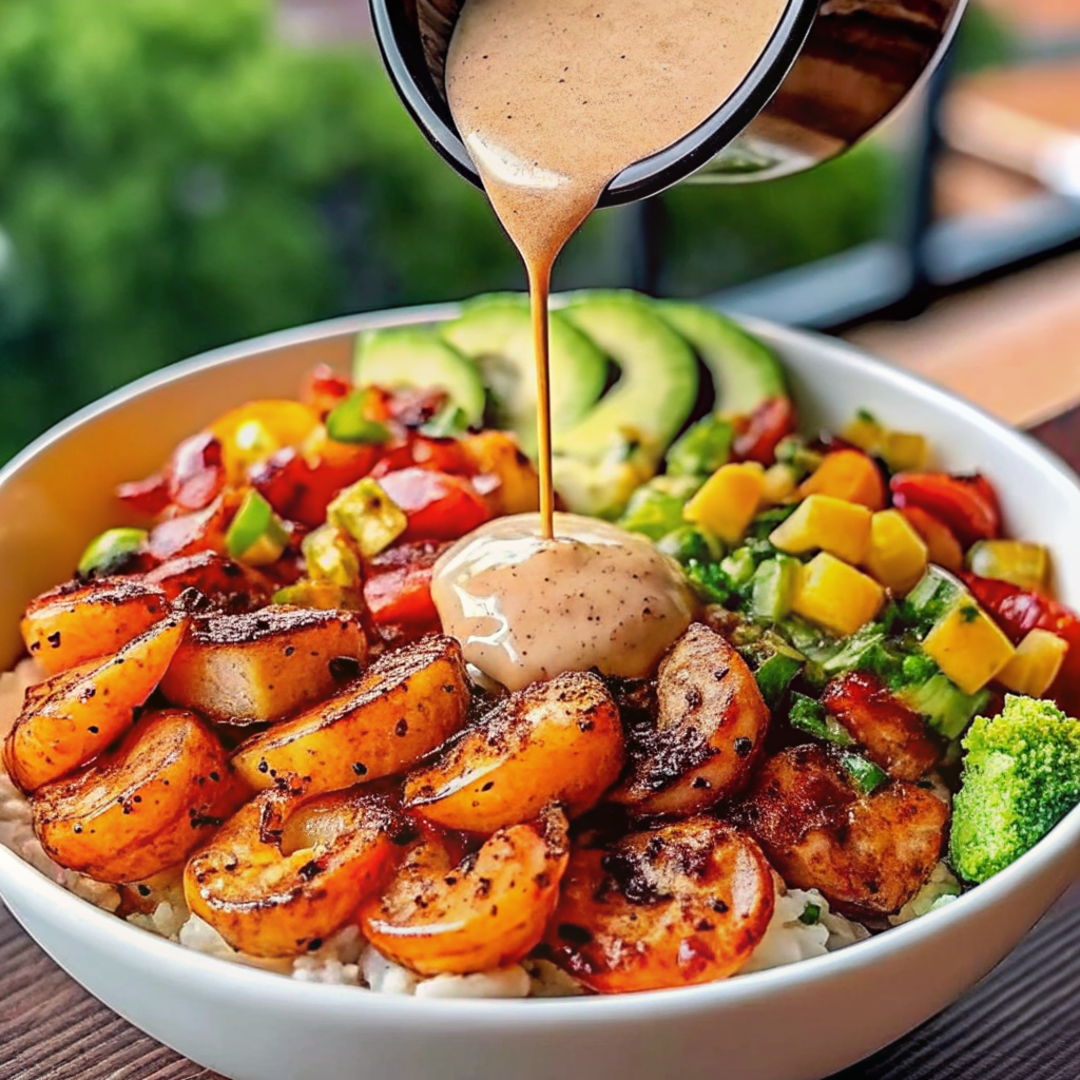 A vibrant shrimp bowl featuring grilled shrimp, sliced avocado, mango salsa, fresh vegetables, and rice, topped with a creamy lime-chili sauce being drizzled over the bowl.