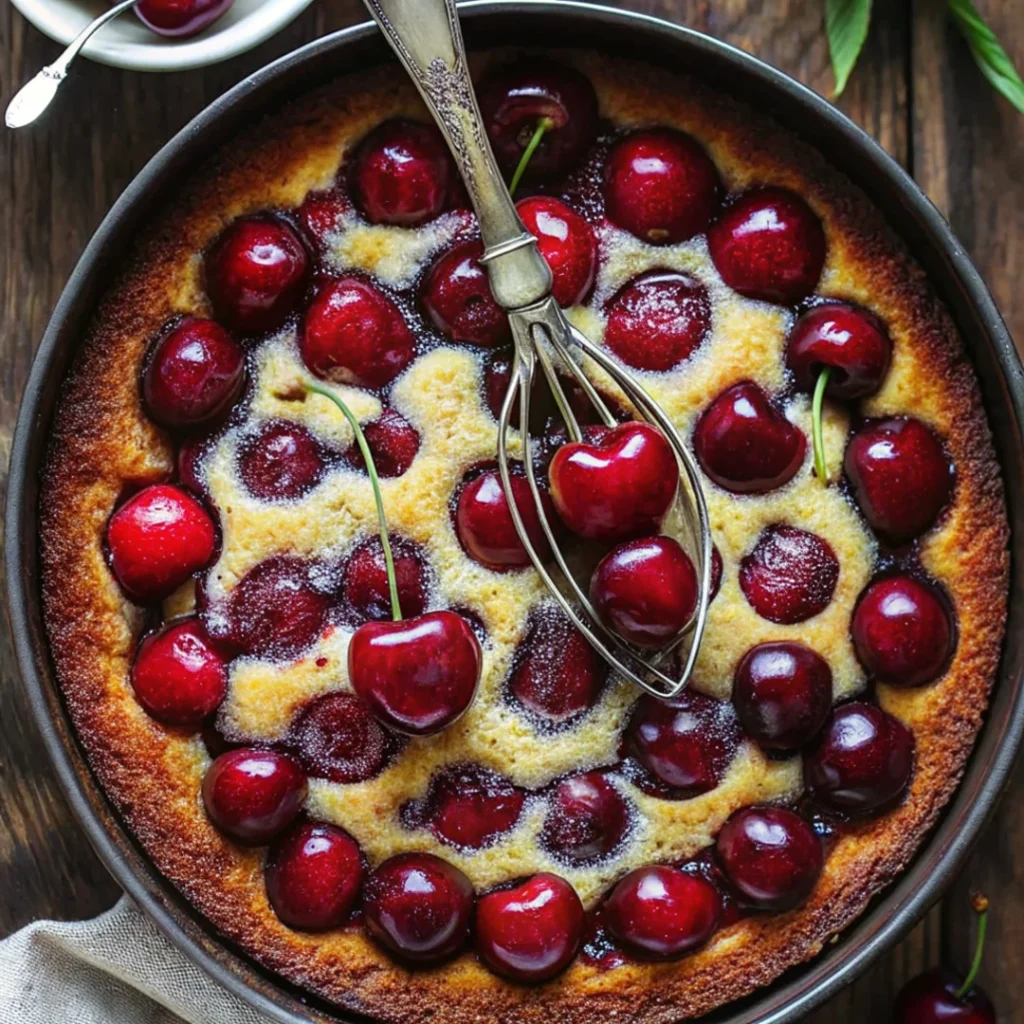 Fresh cherry cake with whole cherries baked in golden batter served in dark pan with vintage spoon