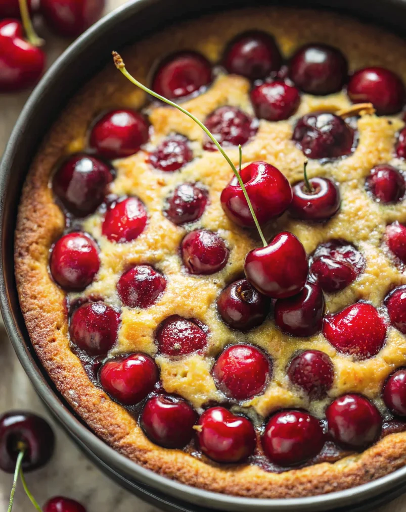Fresh cherry cake with whole cherries baked in golden batter served in dark pan with vintage spoon