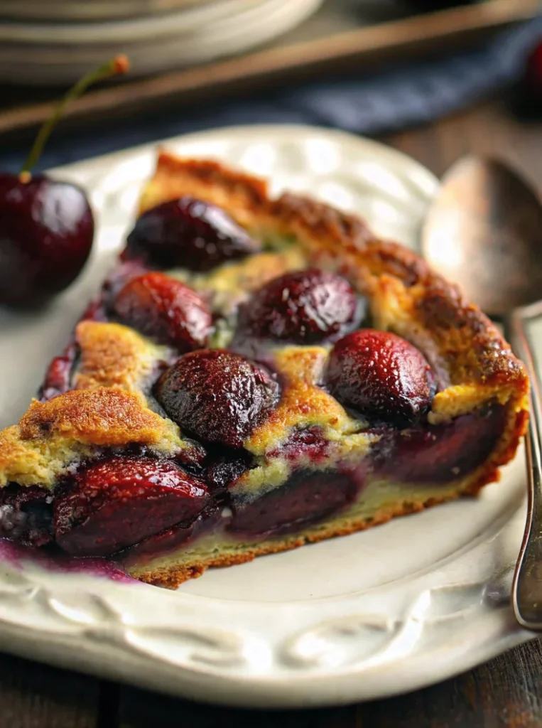 Fresh cherry cake with whole cherries baked in golden batter served in dark pan with vintage spoon