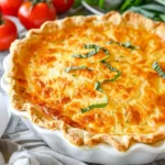 Freshly baked Southern Tomato Pie with golden, cheesy topping and a flaky crust, garnished with green herbs, in a white pie dish.