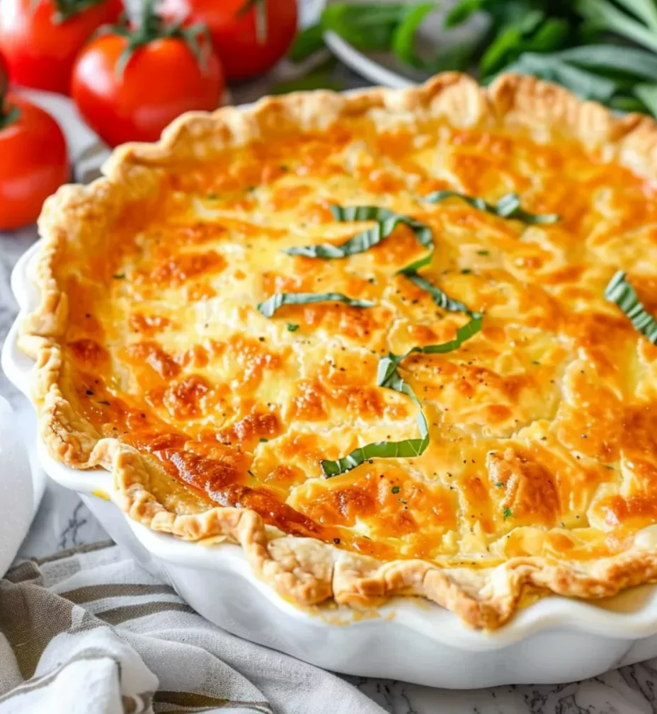 Freshly baked Southern Tomato Pie with golden, cheesy topping and a flaky crust, garnished with green herbs, in a white pie dish.