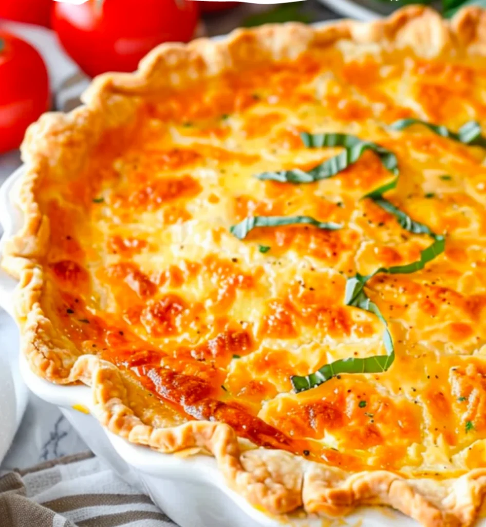 Freshly baked Southern Tomato Pie with golden, cheesy topping and a flaky crust, garnished with green herbs, in a white pie dish.