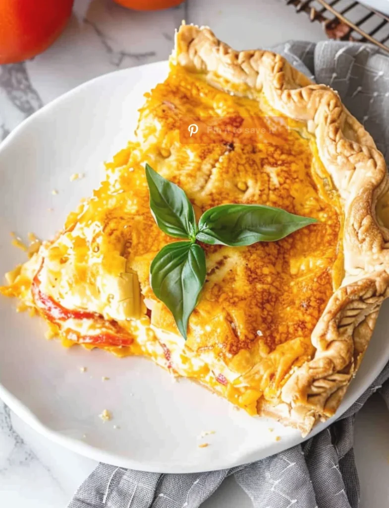 Freshly baked Southern Tomato Pie with golden, cheesy topping and a flaky crust, garnished with green herbs, in a white pie dish.