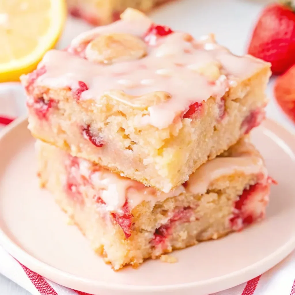 Two stacked Strawberry Lemon Blondies topped with a lemon glaze, filled with chunks of fresh strawberries, served on a white plate.