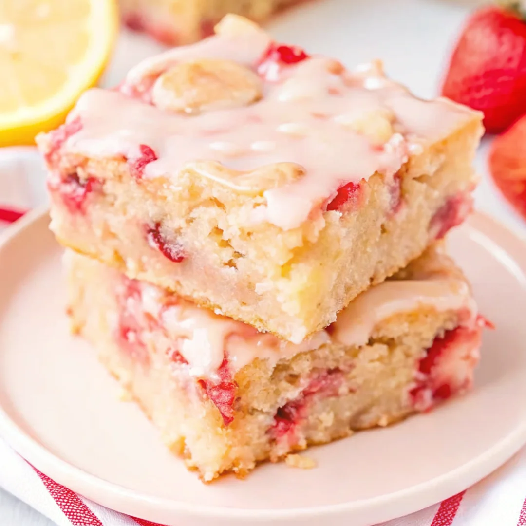 Two stacked Strawberry Lemon Blondies topped with a lemon glaze, filled with chunks of fresh strawberries, served on a white plate.