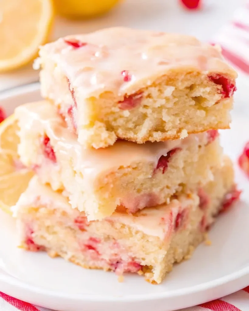 Two stacked Strawberry Lemon Blondies topped with a lemon glaze, filled with chunks of fresh strawberries, served on a white plate.